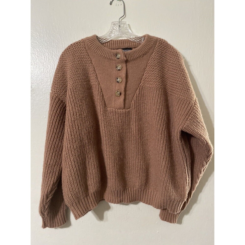 Kittenish Boho Tight Knit Sweatshirt Womens Medium Beige Pullover 1/4 Button